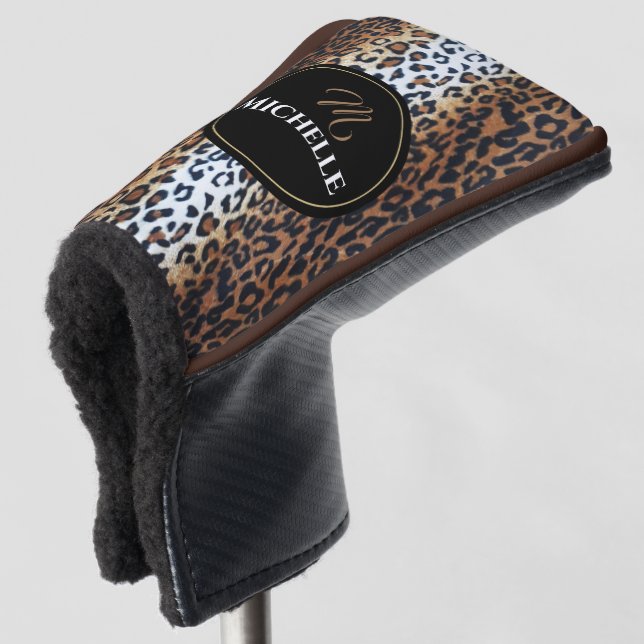 Stylish Brown Black White Leopard Print Custom  Golf Head Cover (3/4 Front)