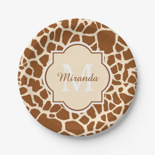 Stylish Brown Giraffe Print Monogram and Name Paper Plates