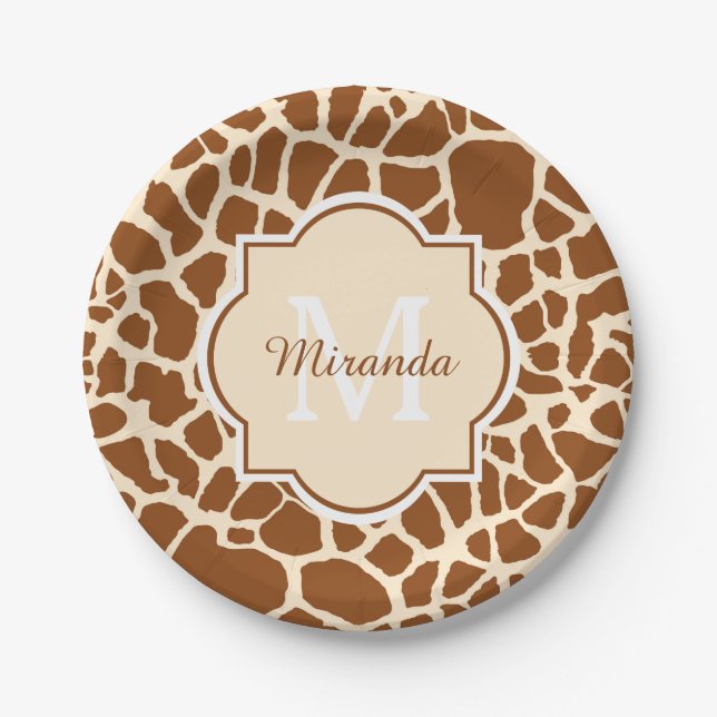 Stylish Brown Giraffe Print Monogram and Name Paper Plates (Front)