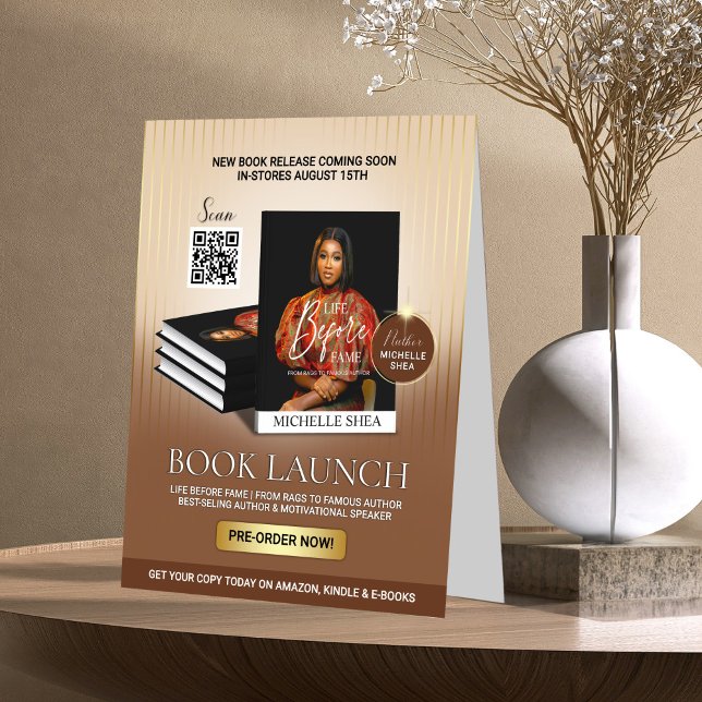 Stylish Brown & Gold Author Book Launch Release Table Tent (Creator Uploaded)