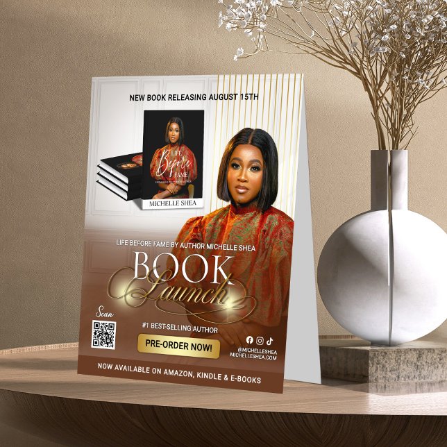Stylish Brown & Gold Author Book Launch Release Table Tent (Creator Uploaded)