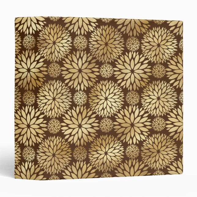 Stylish Brown & Gold Dahlias Pattern  3 Ring Binder (Front/Spine)
