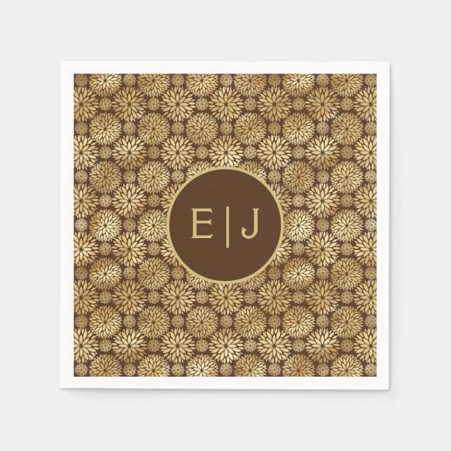 Stylish Brown & Gold Dahlias Pattern Monogram  Napkins (Front)