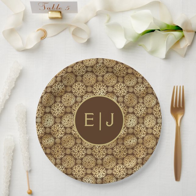 Stylish Brown & Gold Dahlias Pattern Monogram  Paper Plates (Wedding)