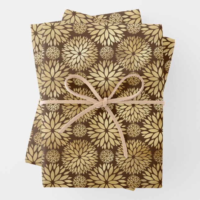 Stylish Brown & Gold Dahlias Pattern  Wrapping Paper Sheets (In situ)