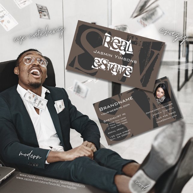 Stylish Brown Gray White with Photo and Monogram Business Card (Creator Uploaded)