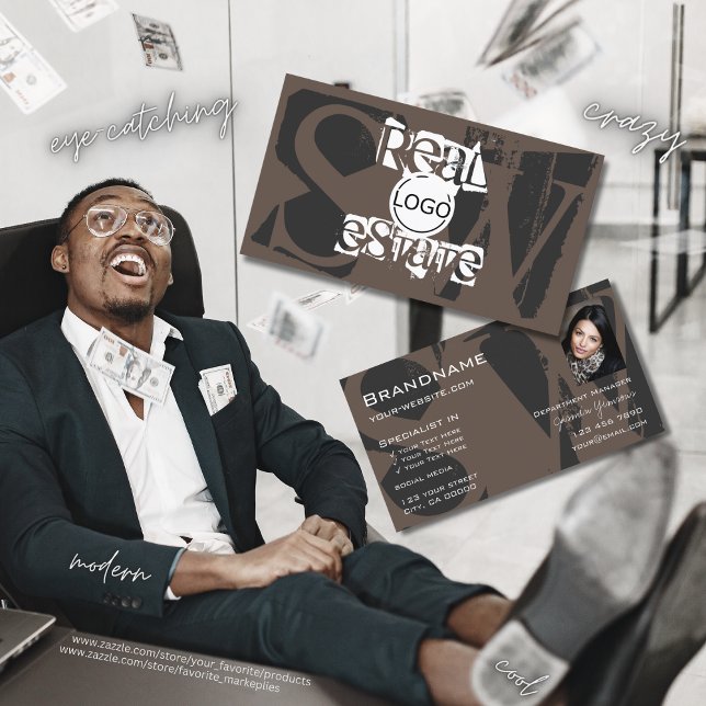 Stylish Brown Gray White with Photo Logo Monogram Business Card (Creator Uploaded)