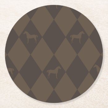 Stylish Brown Harleqiun Horse Pattern Round Paper Coaster by PaintingPony at Zazzle