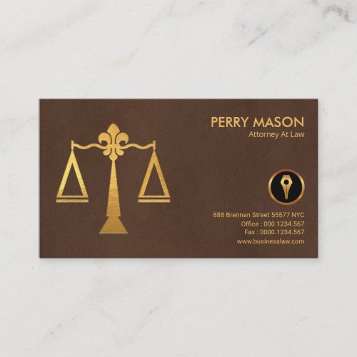 Stylish Brown Leather Gold Justice Scales Lawyer Business Card