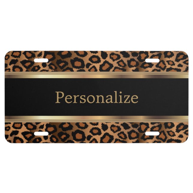 Stylish Brown Leopard Animal Print | Personalize License Plate (Front)