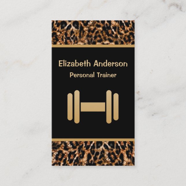 Stylish Brown Leopard Print Personal Trainer Business Card (Front)