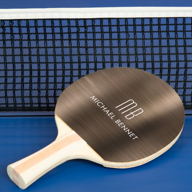 Stylish Brown Metallic Monogram Name Ping Pong Paddle (Insitu)