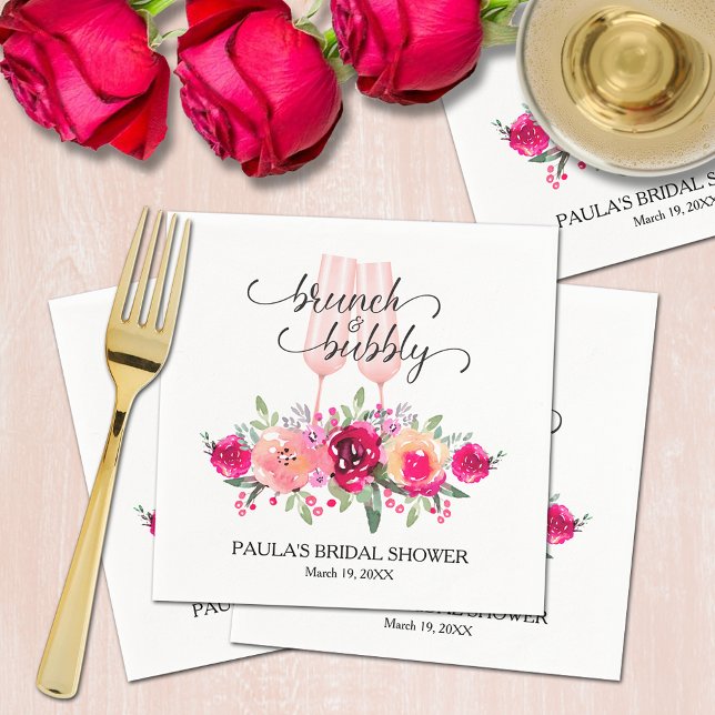 Stylish Brunch and Bubbly Floral Bridal Shower Napkins (Chic champagne flutes with watercolor pink and cream floral bridal shower personalized napkins)