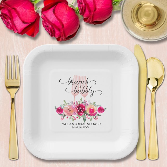 Stylish Brunch and Bubbly Floral Bridal Shower Paper Plates (Chic champagne glasses and floral brunch and bubbly bridal shower personalized square paper plates)