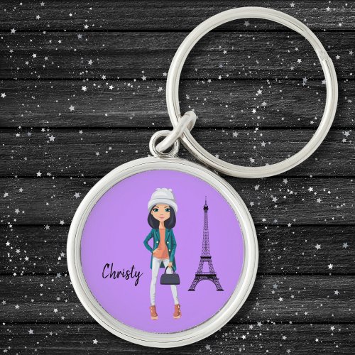 Stylish Brunette with Grey Beanie by Eiffel Tower  Keychain