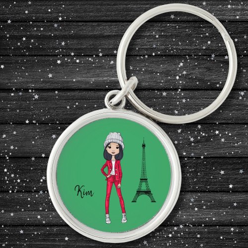 Stylish Brunette with Red Outfit by Eiffel Tower K Keychain