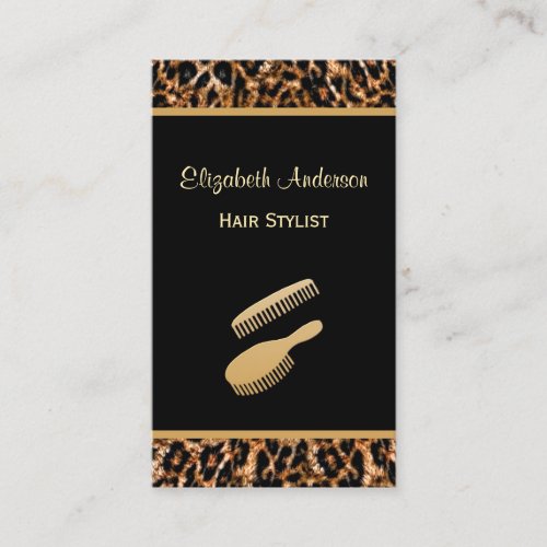 Stylish Brush Black and Gold Leopard Hair Salon Business Card Template