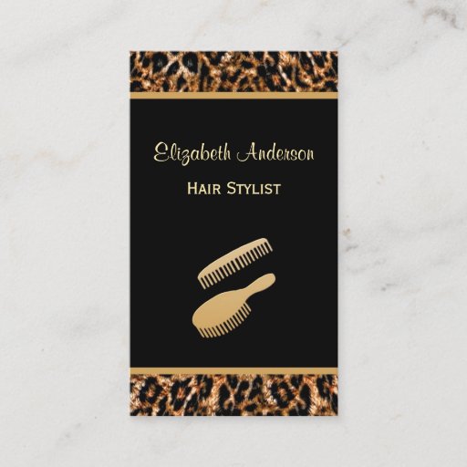 Customizable Stylish Brush Black and Gold Leopard Hair Salon Business Card Template