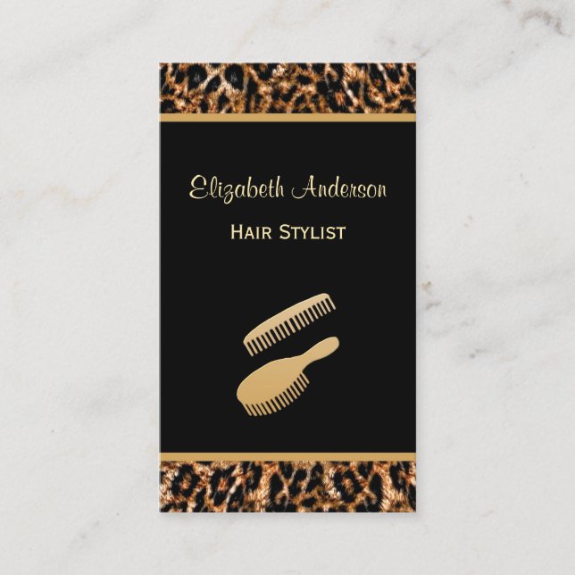 Stylish Brush Black and Gold Leopard Hair Salon Business Card (Front)