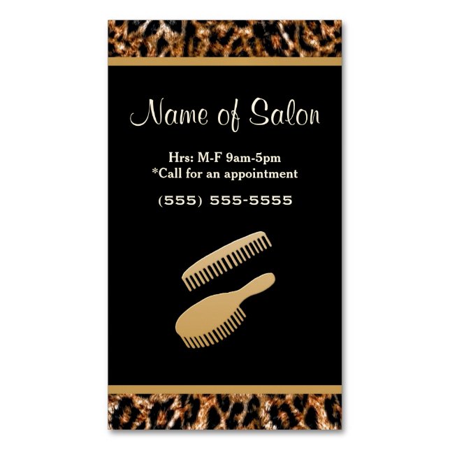 Stylish Brush Black and Gold Leopard Hair Salon Business Card Magnet (Front Vertical)