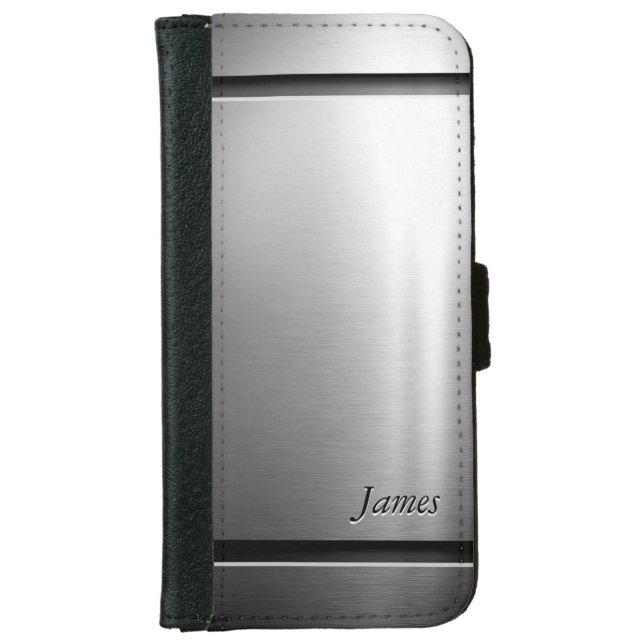 Stylish Brush Metal Stainless Steel Look iPhone Wallet Case (Front)