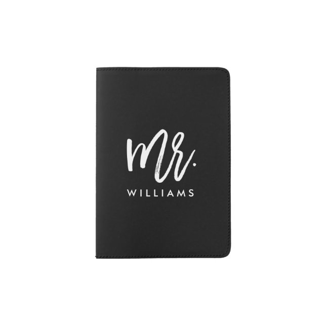 Stylish Brush Script "Mr Last Name" Passport Holder (Front)