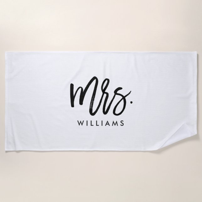 Stylish Brush Script "Mrs Last Name" Beach Towel (Front)