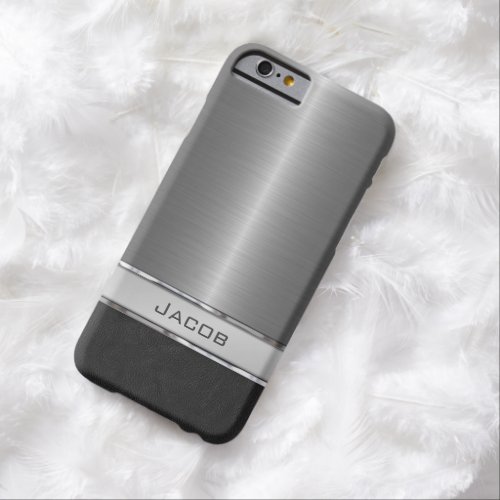 Stylish Brushed Metal and Leather Name Plate Barely There iPhone 6 Case