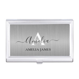 Stylish Brushed Silver Grey Metal Black Monogram Business Card Case