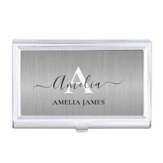 Stylish Brushed Silver Grey Metal Black Monogram Business Card Case