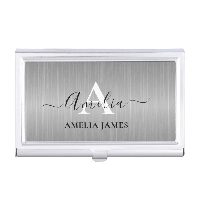 Stylish Brushed Silver Grey Metal Black Monogram Business Card Case (Front)