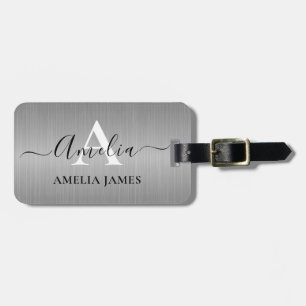 Stylish Brushed Silver Grey Metal Black Monogram Luggage Tag