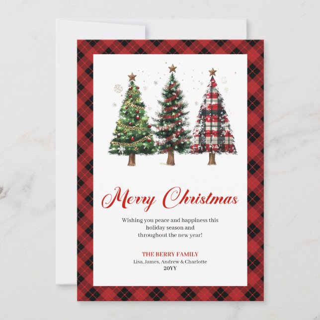 Stylish Buffalo Plaid Christmas Tree Holiday Card (Front)