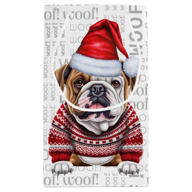 Stylish Bulldog and Woof Word Art Christmas Small Gift Bag (Back)