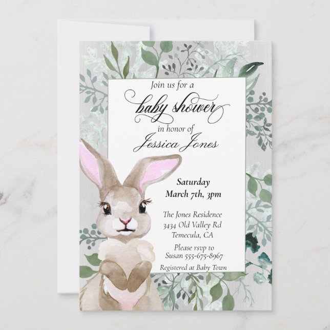 Stylish Bunny Foliage Leaves Watercolor Invitation (Front)