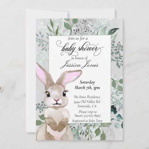 Stylish Bunny Foliage Leaves Watercolor Invitation