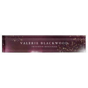 Stylish Burgundy and Gold Glitter Watercolor Desk Name Plate
