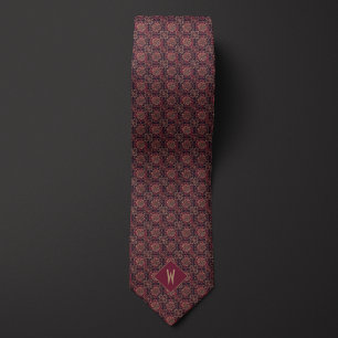 Stylish Burgundy and Gold Mandala Monogram Neck Tie