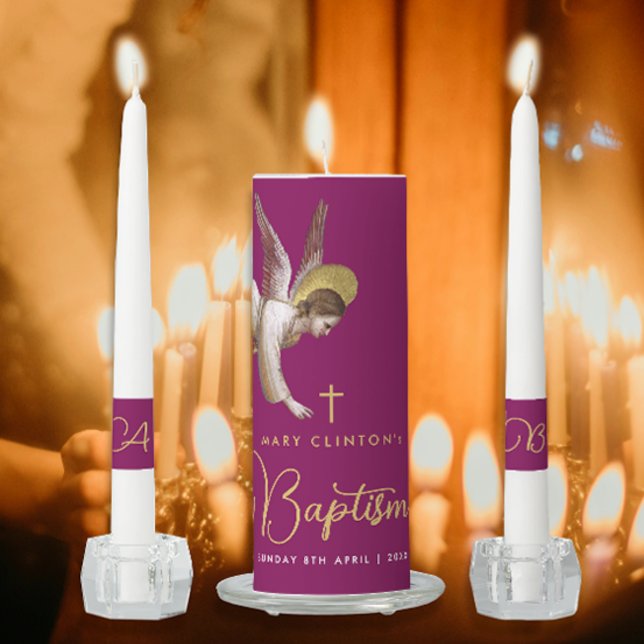 Stylish Burgundy Angel Baptism Gold Calligraphy Unity Candle Set (Creator Uploaded)