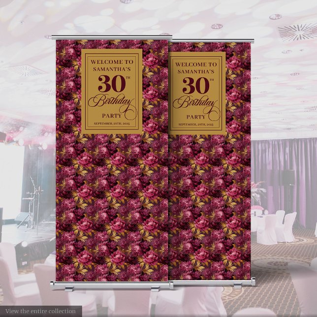 Stylish Burgundy Blush Gold 30th Birthday Party  Retractable Banner (Stylish Burgundy Blush Gold 30th Birthday Party Retractable Banner)