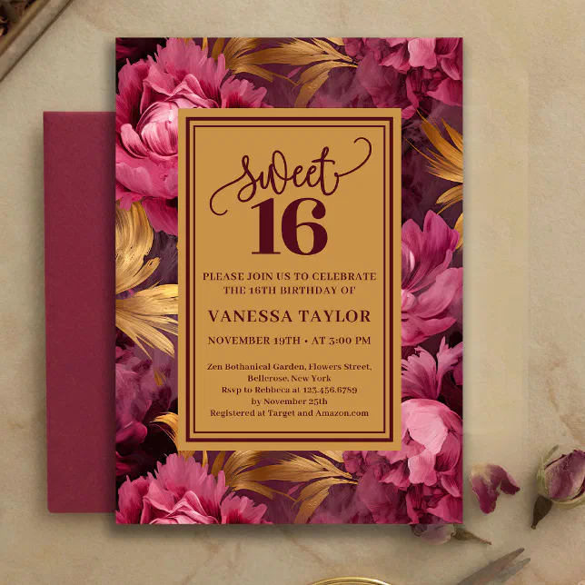 Stylish Burgundy Blush Roses Gold Sweet Sixteen Invitation | Zazzle