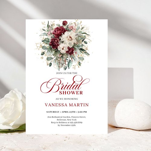 Stylish Burgundy Botanical Bridal Shower Invitatio