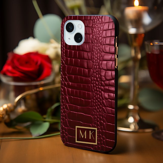 Stylish Burgundy Crocodile Leather Look Monogram  Case-Mate iPhone Case (urgundy Crocodile iPhone Case, Personalized Monogram Leather Cover, Chic Monogrammed Crocodile Case,)