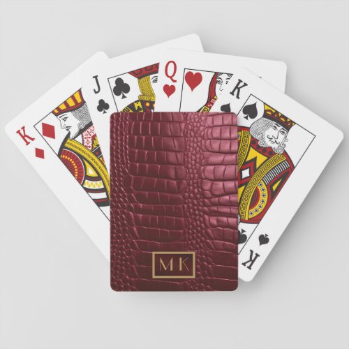 Stylish Burgundy Crocodile Leather Look Monogram  Poker Cards