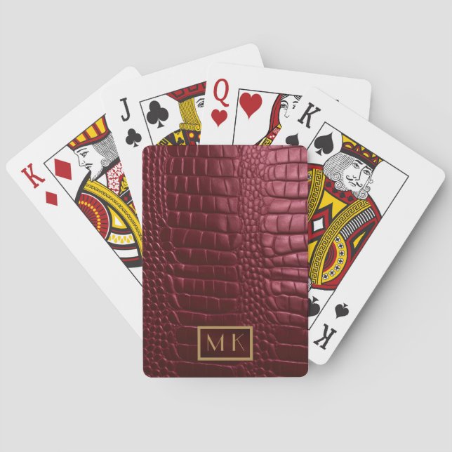 Stylish Burgundy Crocodile Leather Look Monogram  Poker Cards (Back)