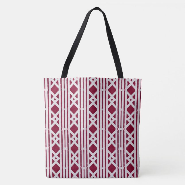 Stylish Burgundy Diamond Pattern on Silver Gray Tote Bag (Front)