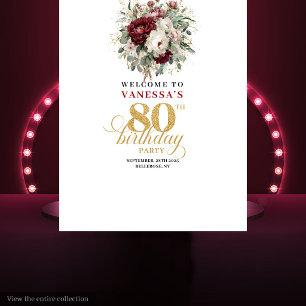 Stylish Burgundy Floral 80th Birthday Backdrop