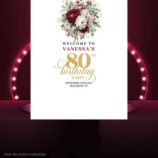 Stylish Burgundy Floral 80th Birthday Backdrop (Stylish Burgundy Floral 80th Birthday Backdrop)