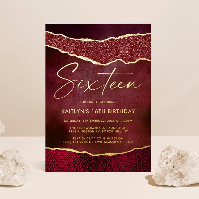 Stylish Burgundy Geoed Agate 16th Birthday Real Foil Invitation (Creator Uploaded)