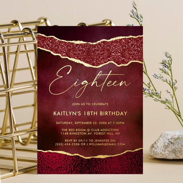 Stylish Burgundy Geoed Agate 18th Birthday Real Foil Invitation (Creator Uploaded)